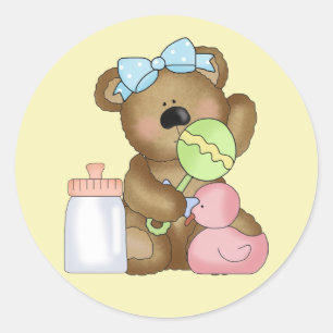 Sticker Rond Bébé mignon ours fille avec Bébé bouteille et béta