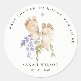 Sticker Rond Bébé mignon Pieds bleu Floral Baby shower garçon