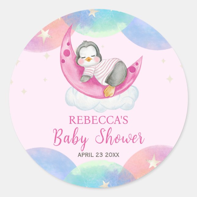 Sticker Rond Bébé mignon Pingouin Baby shower rose (Devant)