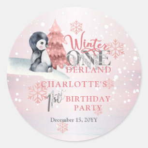 Sticker Rond Bébé mignon Pingouin hiver ONE derland 1er anniver