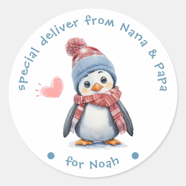 Sticker Rond Bébé mignon pingouin Noël confortable pour les enf (Devant)