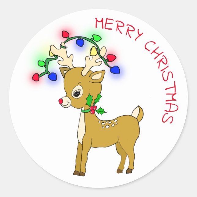 Sticker Rond Bébé mignon renne avec lumières de Noël (Devant)