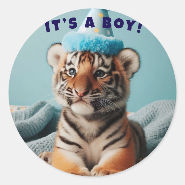 Sticker Rond Bébé mignon Révéler Garçon Bleu Bébé Tiger (Devant)