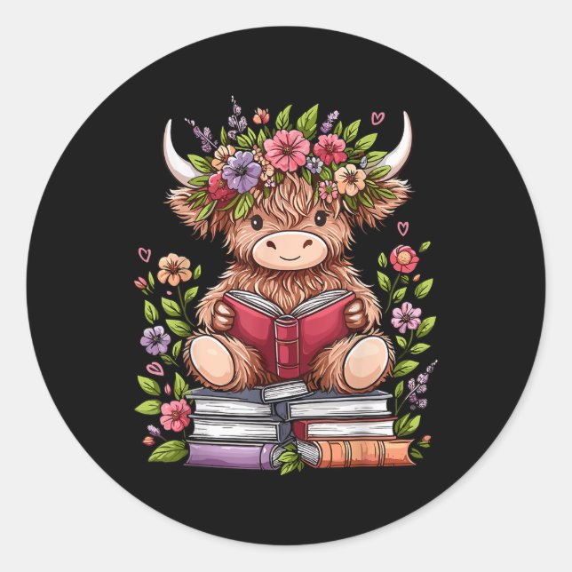 Sticker Rond Bébé mignon vache Highland avec livre de lecture v (Devant)