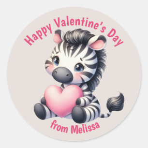 Sticker Rond Bébé mignon Zebra Coeur rose Valentine