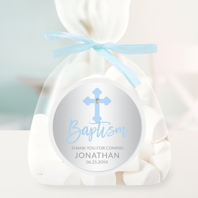 Sticker Rond Bébé moderne Croix Bleue Baptême Garçon Merci (Modern Baby Blue Cross Baptism Boy Thank You Classic Round Sticker)