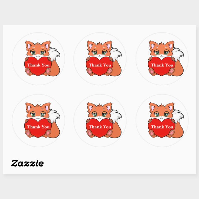 Sticker Rond Bébé mou Fox avec Merci de coeur (Feuille)