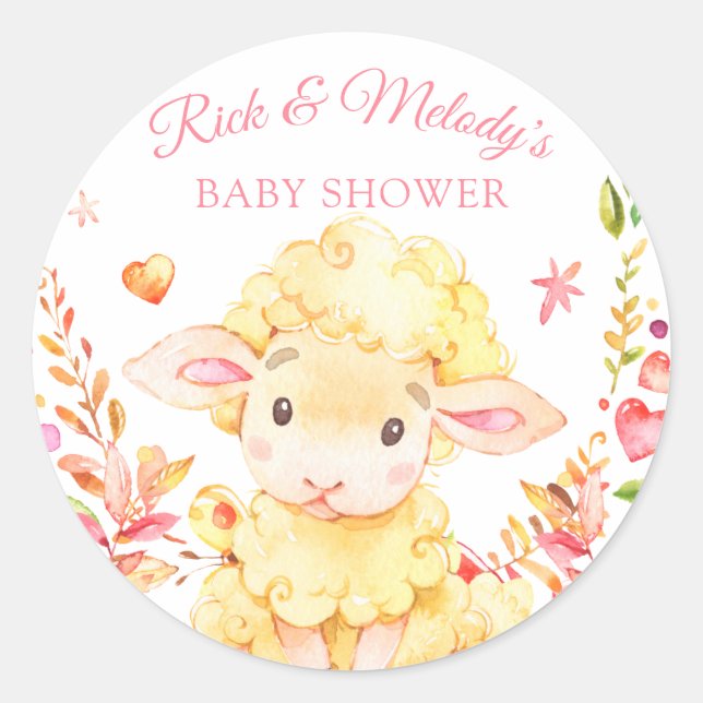 Sticker Rond Bébé Mouton / Agneau Baby shower de fille rose (Devant)