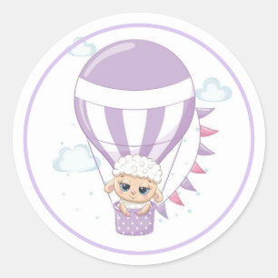 Sticker Rond Bébé mouton dans un ballon à air chaud violet