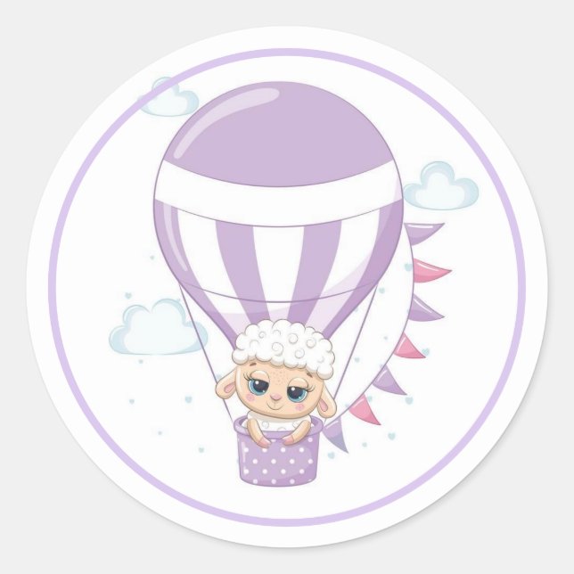 Sticker Rond Bébé mouton dans un ballon à air chaud violet (Devant)