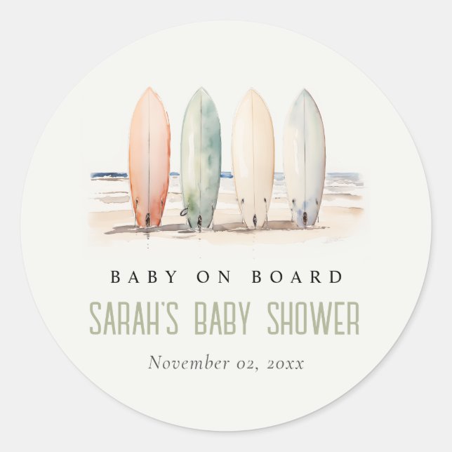 Sticker Rond Bébé neutre à bord Baby shower de surf (Devant)