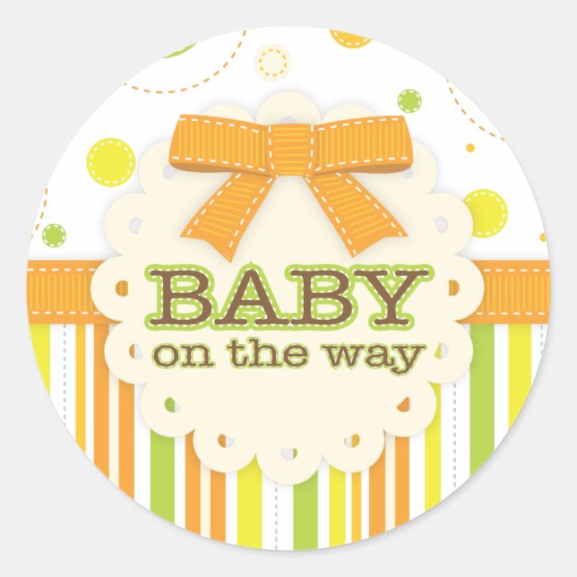 Sticker Rond Bébé Neutre Orange & Vert en points Baby Bow (Devant)