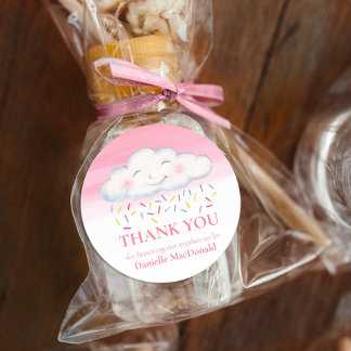 Sticker Rond Bébé nuage paillettes d'eau aquarelle merci rose