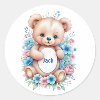 Sticker Rond Bébé Ours en peluche avec des fleurs d'aquarelle