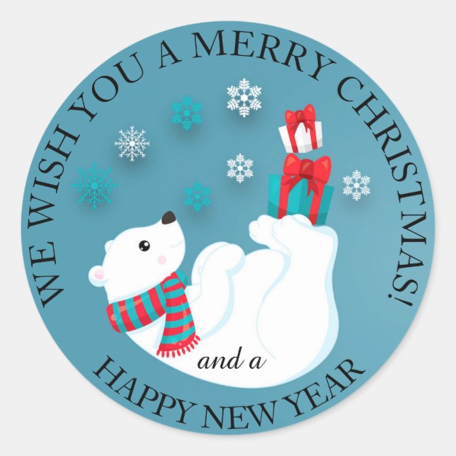 Sticker Rond Bébé Ours Polaire Jouer sur Bleu Joyeux Noël (Devant)