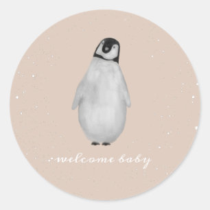 Sticker Rond Bébé Penguin hiver neige rose Baby shower fille