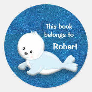 Sticker Rond Bébé Phoque Blanc Mignon sur Bleu Pailleté