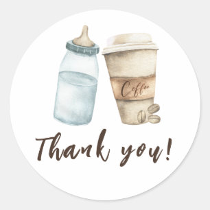 Sticker Rond Bébé prépare une bouteille de café Merci