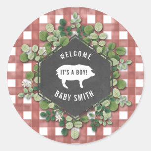 Sticker Rond Bébé q En vichy Baby shower de cochon botanique