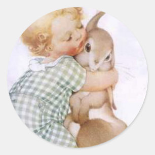 Sticker Rond Bébé qui embrasse le lapin de Pâques