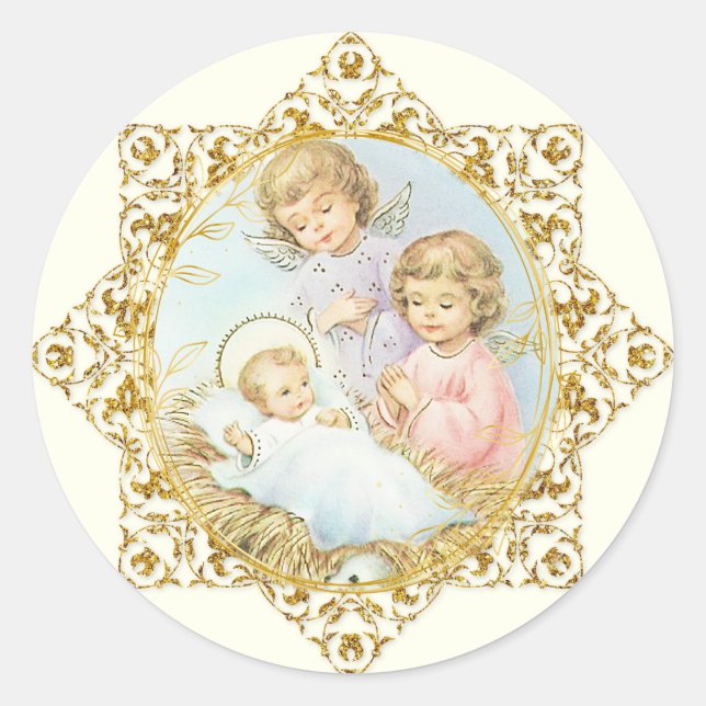Sticker Rond Bébé religieux Jésus Anges de Noël Roses roses ros (Devant)
