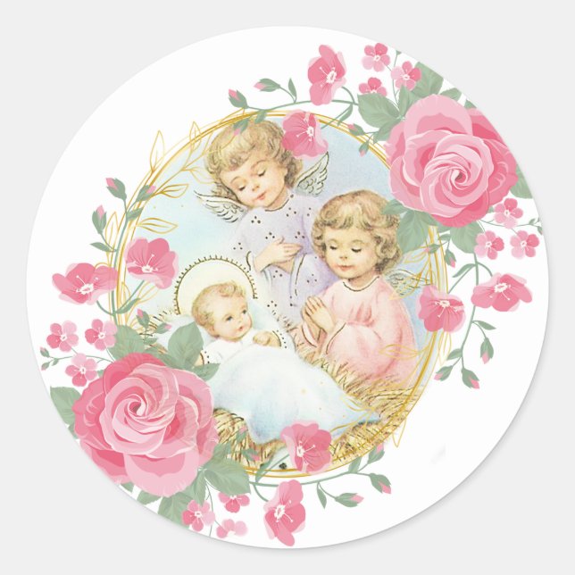 Sticker Rond Bébé religieux Jésus Anges de Noël Roses roses ros (Devant)