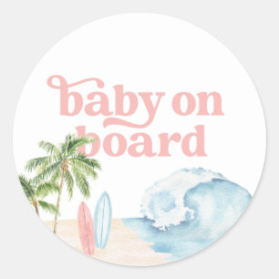Sticker Rond Bébé rose à bord Baby shower de Surf de plage