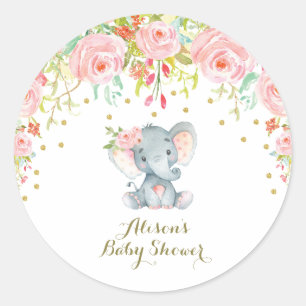 Sticker Rond Bébé rose Floral Elephant Merci Faveur