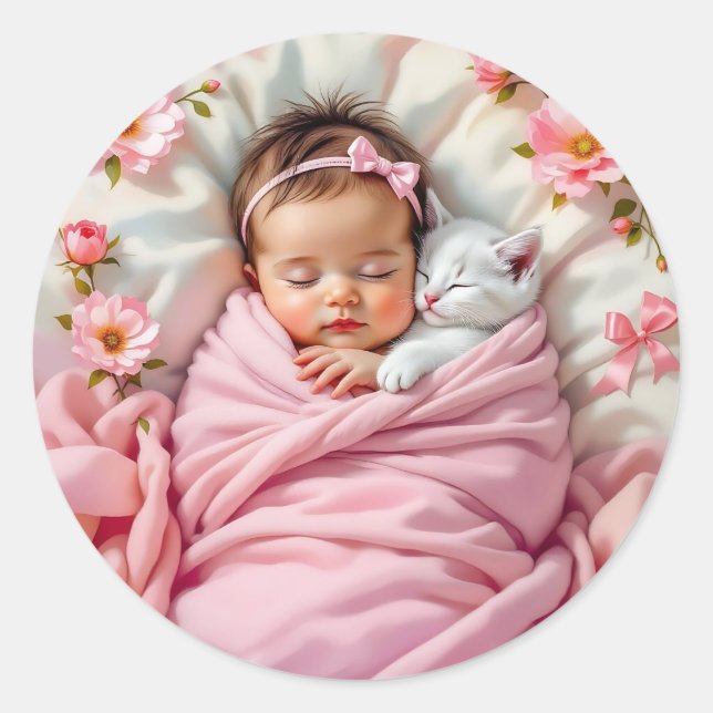 Sticker Rond Bébé rose floral fille et chaton blanc (Devant)