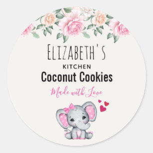 Sticker Rond Bébé rose mignonne Eléphant & Rose Aquarelle Cuisi
