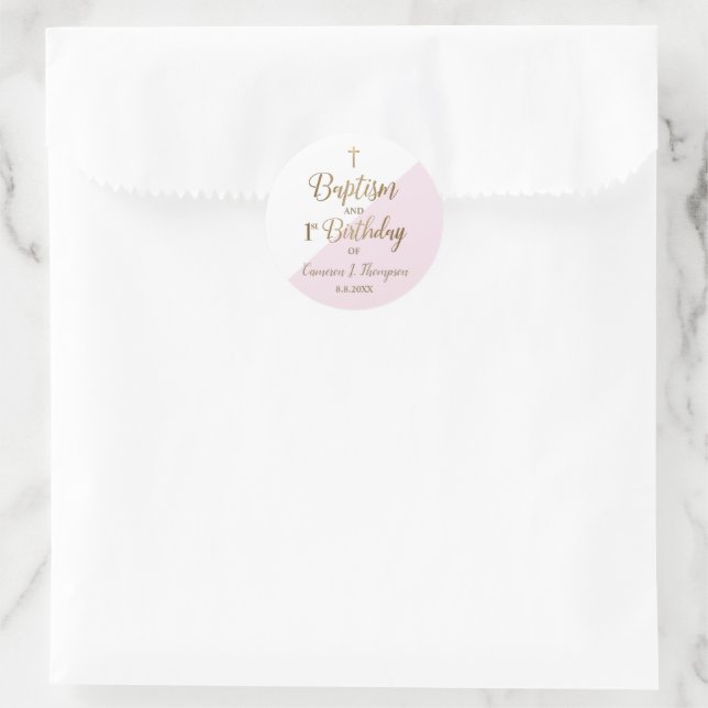 Sticker Rond Bébé rose personnalisé Fille baptême premier anniv (Sac)