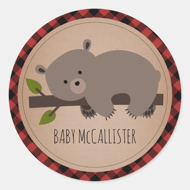 Sticker Rond Bébé Sleepy Bear Cub Plaid Baby shower (Devant)