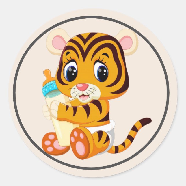 Sticker Rond Bébé tigre avec bouteille et couche avec cadre (Devant)