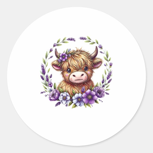 Sticker Rond Bébé Vache Highland Avec Fleurs Violettes Ecosse F (Devant)