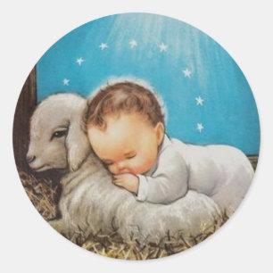 Sticker Rond Bébé vintage Dormir Avec Un Agneau