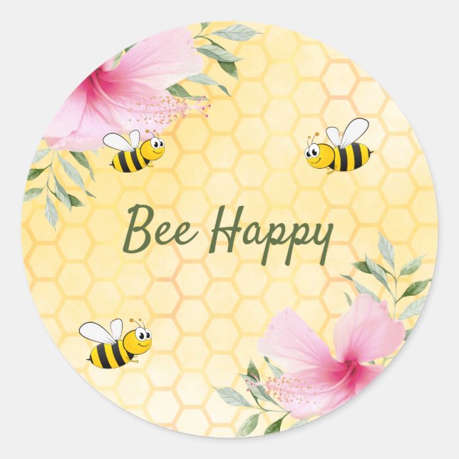 Sticker Rond Bee Happy bumble abeilles nid d'abeilles florales  (Devant)