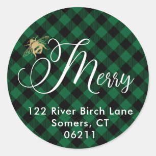 Sticker Rond Bee Merry, Green Buffalo Check Adresse de vacances