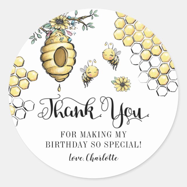 Sticker Rond Beehive Florale Miel Sweet Bee Anniversaire Merci (Devant)