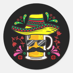 Sticker Rond Beer Mug Sombrero Mustache Cinco De Mayo Mexicain
