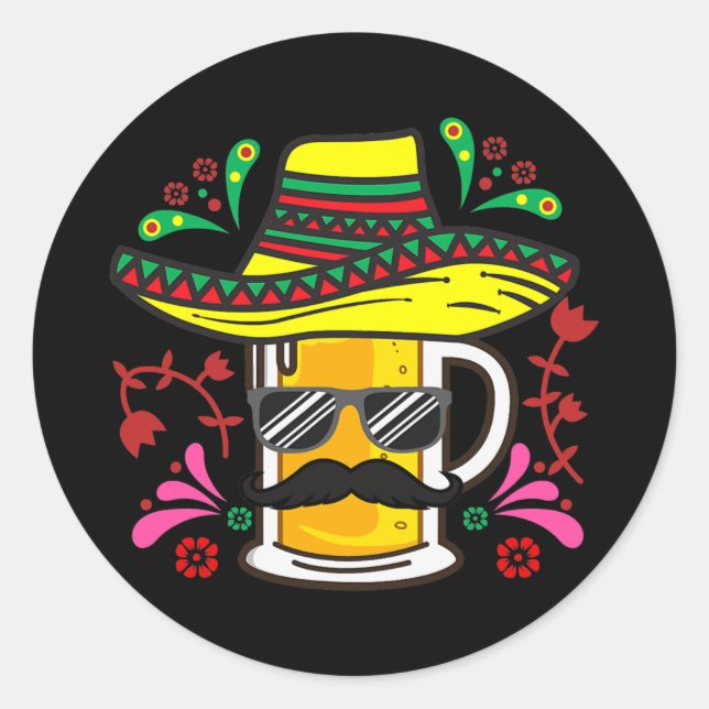 Sticker Rond Beer Mug Sombrero Mustache Cinco De Mayo Mexicain (Devant)