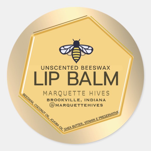 Sticker Rond Beeswax Lip Balm 3D Hexagon jaune avec abeille (Devant)