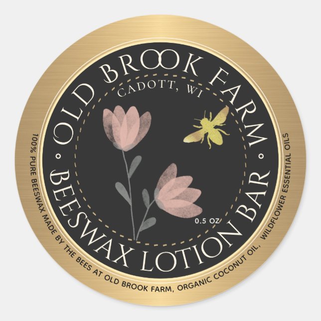 Sticker Rond Beeswax Lip Balm Gold Black Flower (Devant)