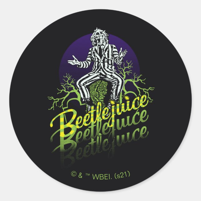 Sticker Rond Beetlejus | Assis sur une pierre tombale (Devant)