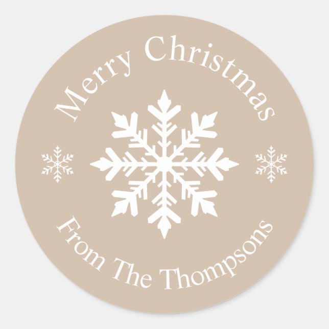 Sticker Rond Beige And White Winter Snowflake Merry Christmas (Devant)
