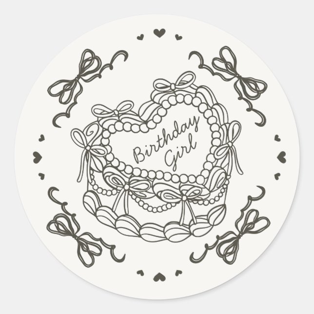 Sticker Rond Beige Bow Retro Coeur Coquette gâteau Anniversaire (Devant)