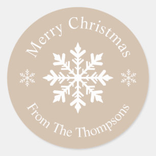 Sticker Rond Beige Et Blanc Flocon De Neige Joyeux Noël
