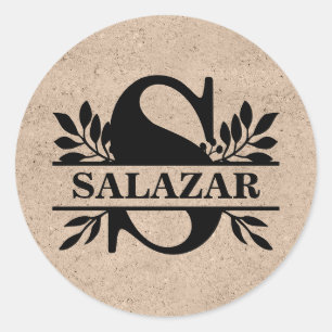 Sticker Rond Beige Faux Kraft Black Feuilles Split Monogramme S