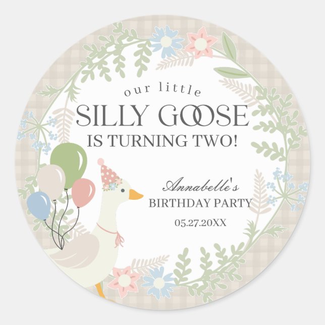 Sticker Rond Beige Silly Goose Floral En vichy Baby shower Favo (Devant)