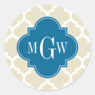 Sticker Rond Beige Wht Moroccan #5 Peacock 3 Monogram initial