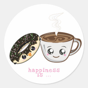 Sticker Rond beignet de chocolat de kawaii et café chaud